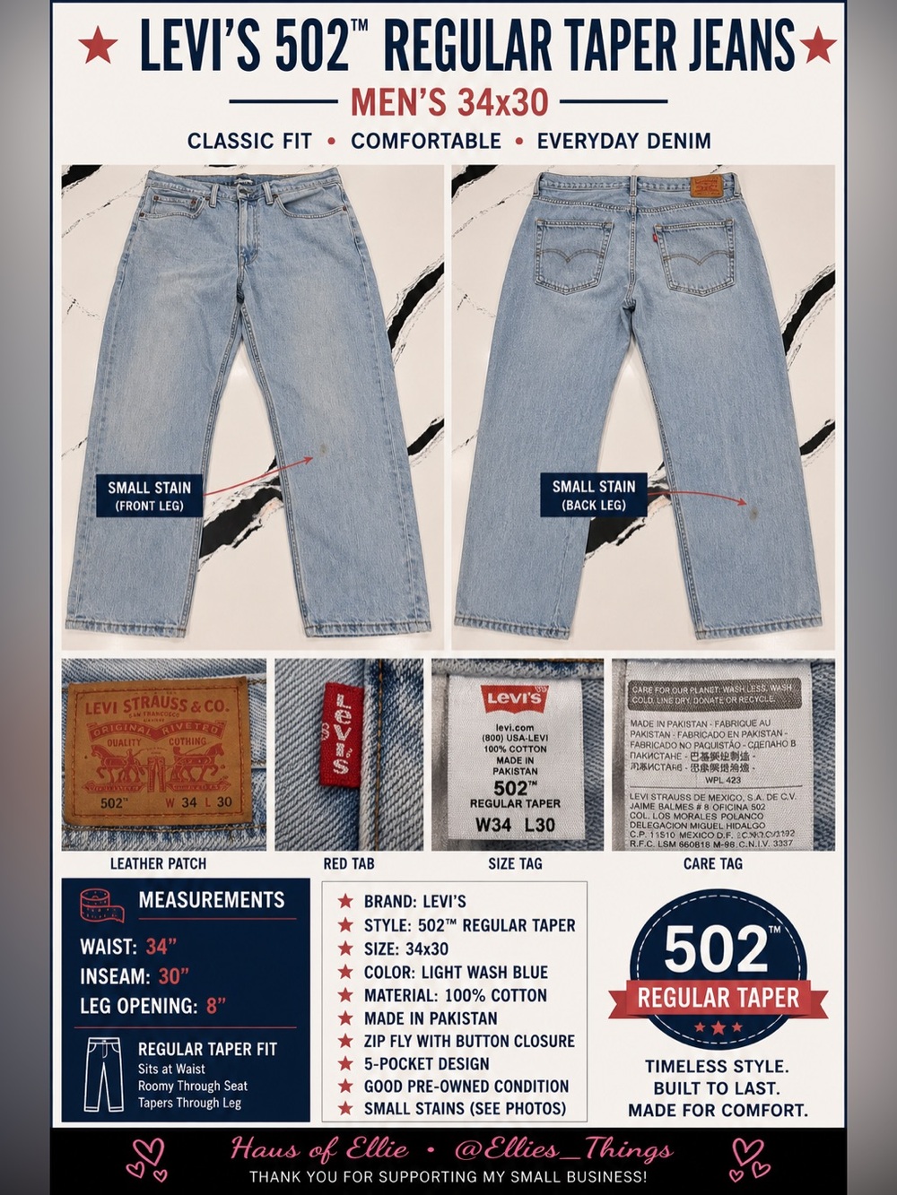 Levi’s 502 Regular Taper Jeans Mens 34x30 Light Wash Denim